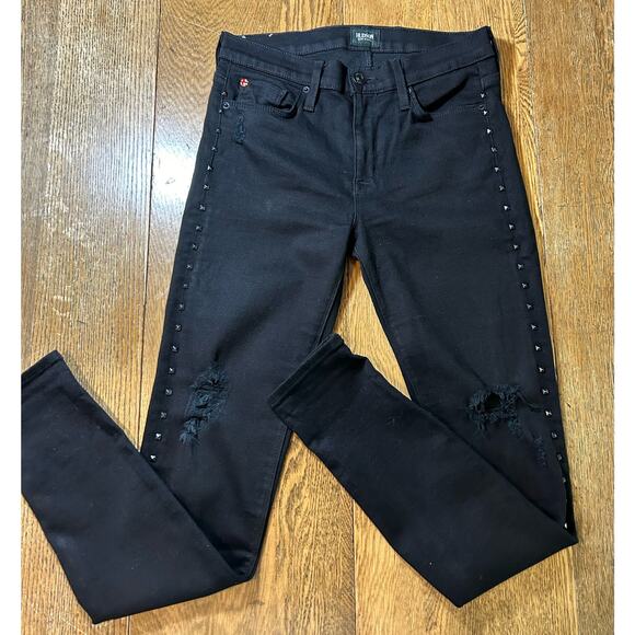 Hudson Nico Mid Rise Super Skinny Black Studded Detail Distressed Sz 27 NWOT - Picture 1 of 10